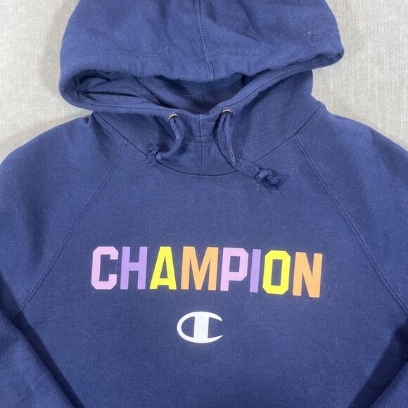 Champion Womens Medium Blue Rainbow Logo Powerblend Pullover‎ Hoodie - Picture 2 of 6